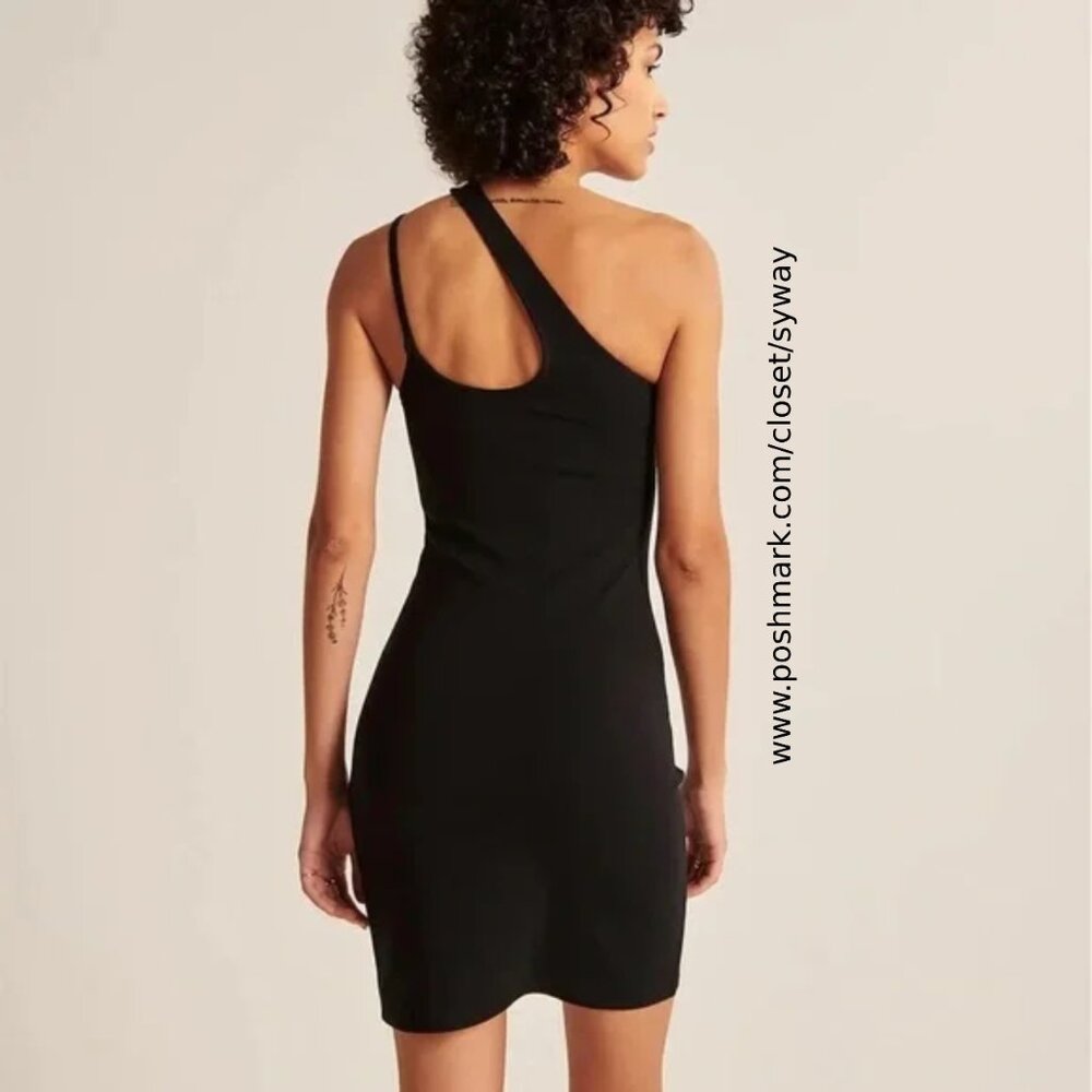 Abercrombie & Fitch Asymmetrical One-Shoulder Ponte Mini Little Black Dress - Picture 3 of 7